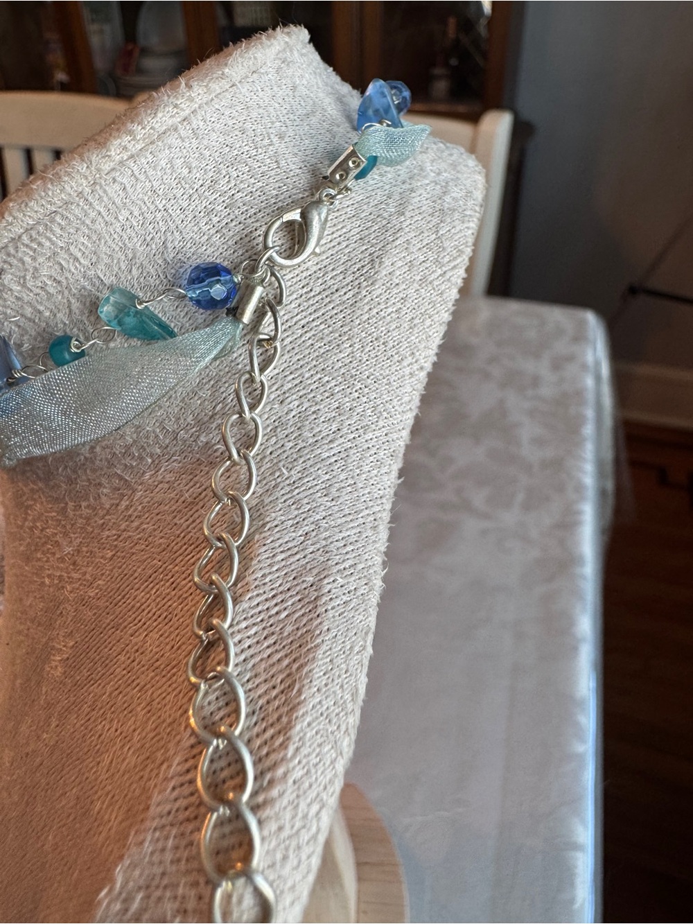 Aqua Blue Glass Floral Pendant Necklace with Beaded Ribbon - Picture 4 of 5